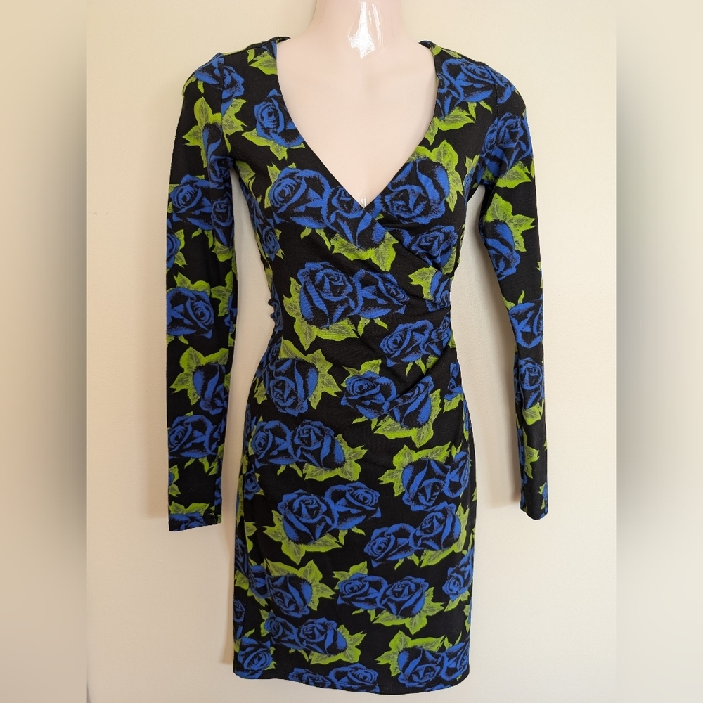 Betsey Johnson Blue Tin Can Rose Glee bodycon Dress Lycra Stretch P XS